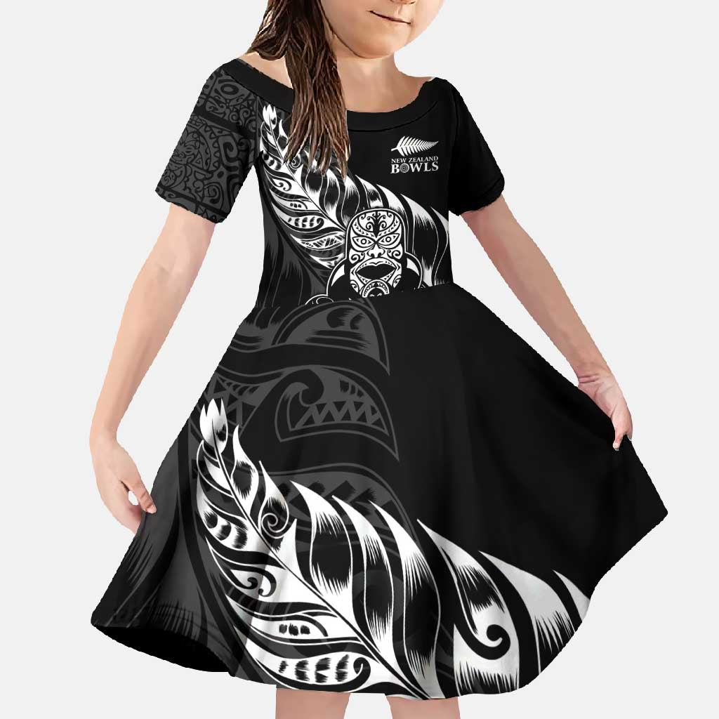 New Zealand Lawn Bowls Custom Family Matching Long Sleeve Bodycon Dress and Hawaiian Shirt Black Maori Warrior Tribal Silver Fern - Polynesian Pride