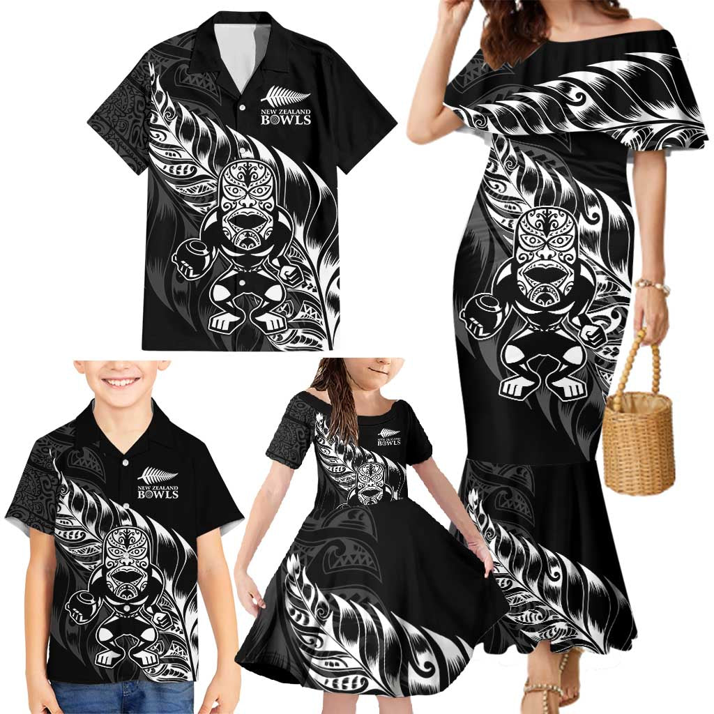 New Zealand Lawn Bowls Custom Family Matching Mermaid Dress and Hawaiian Shirt Black Maori Warrior Tribal Silver Fern - Polynesian Pride