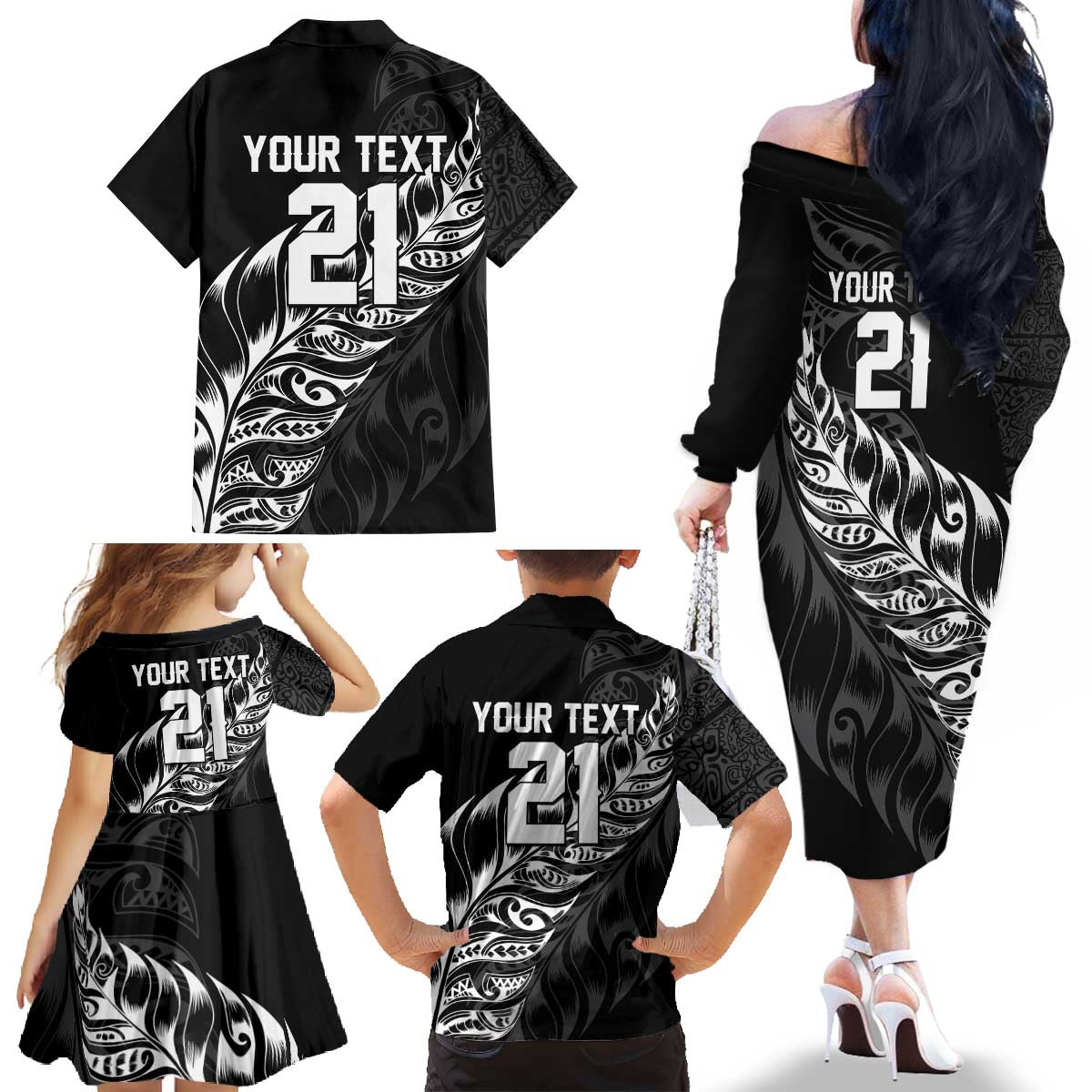 New Zealand Lawn Bowls Custom Family Matching Off The Shoulder Long Sleeve Dress and Hawaiian Shirt Black Maori Warrior Tribal Silver Fern - Polynesian Pride