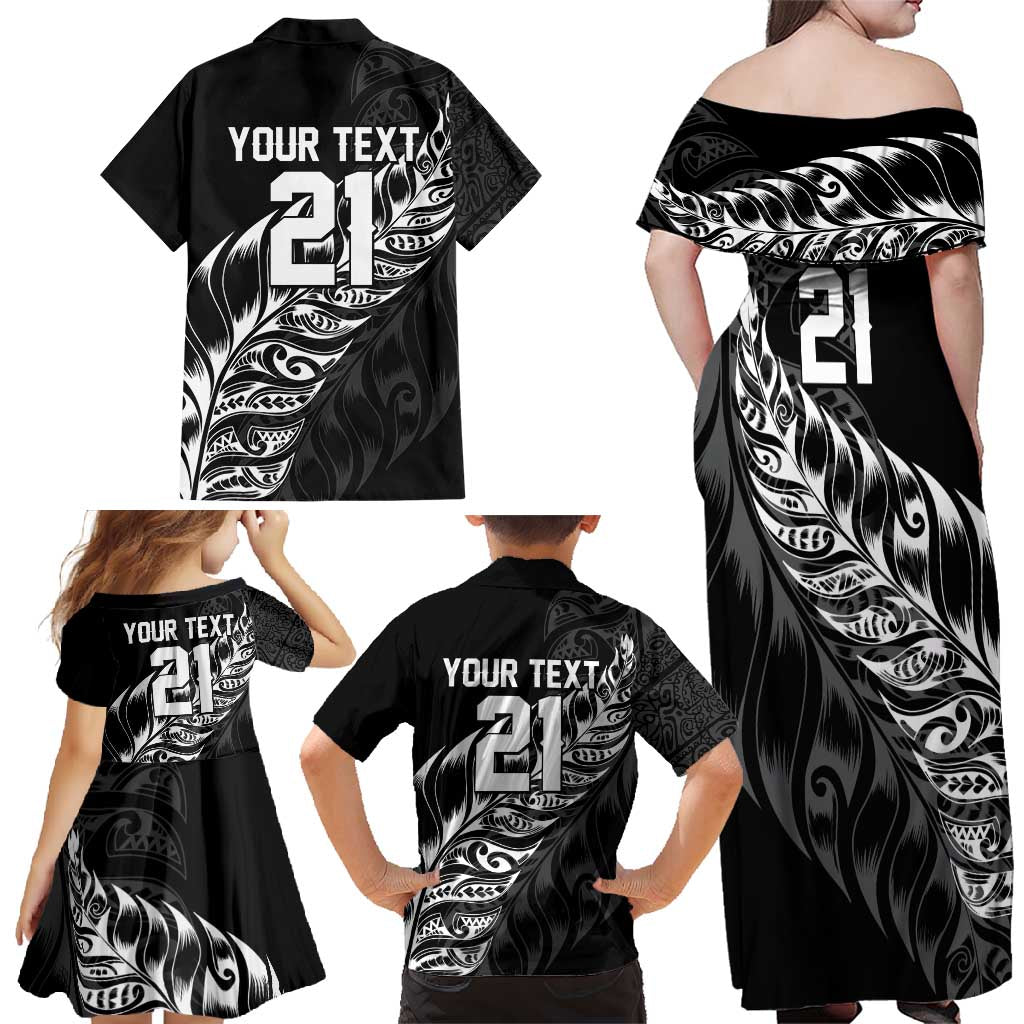 New Zealand Lawn Bowls Custom Family Matching Off Shoulder Maxi Dress and Hawaiian Shirt Black Maori Warrior Tribal Silver Fern - Polynesian Pride