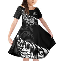 New Zealand Lawn Bowls Custom Family Matching Off Shoulder Short Dress and Hawaiian Shirt Black Maori Warrior Tribal Silver Fern - Polynesian Pride