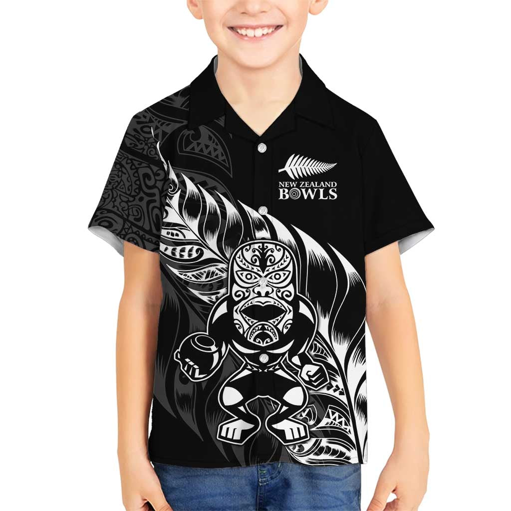 New Zealand Lawn Bowls Custom Family Matching Off Shoulder Short Dress and Hawaiian Shirt Black Maori Warrior Tribal Silver Fern - Polynesian Pride