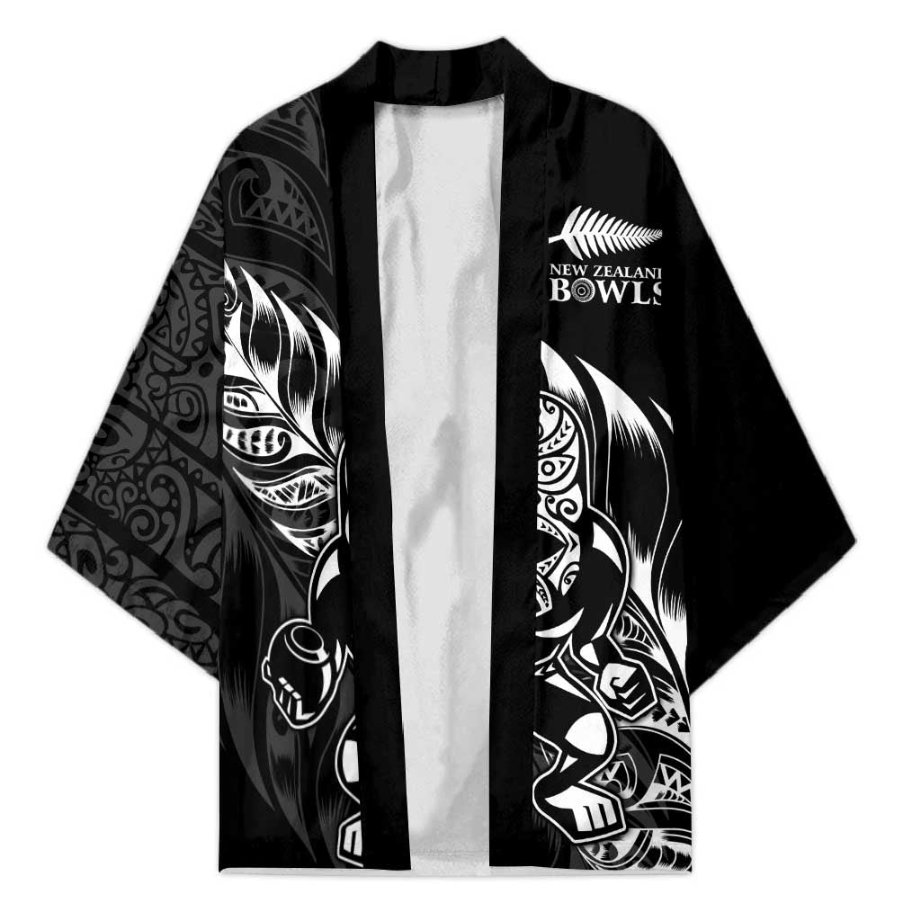 New Zealand Lawn Bowls Custom Kimono Black Maori Warrior Tribal Silver Fern - Polynesian Pride