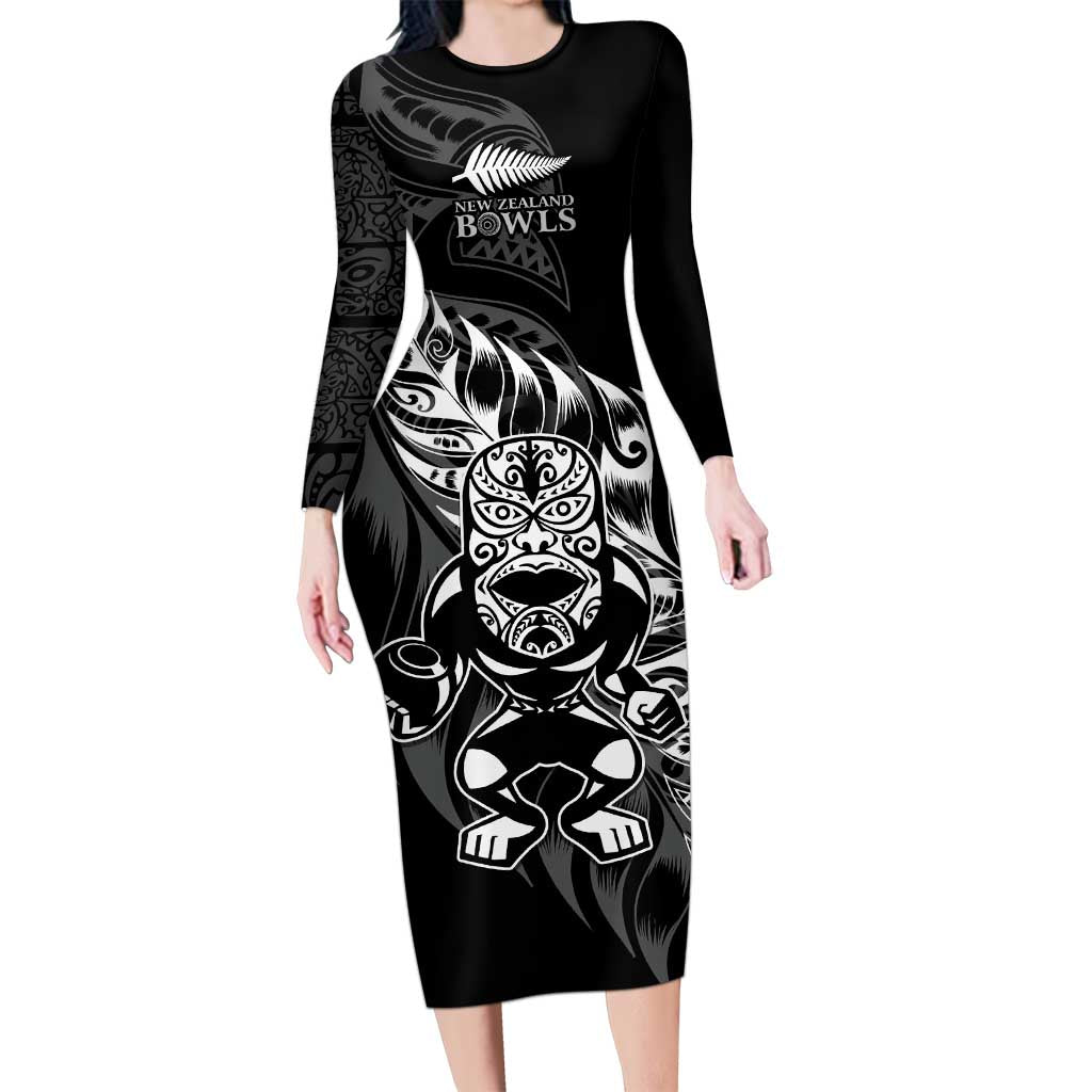 New Zealand Lawn Bowls Custom Long Sleeve Bodycon Dress Black Maori Warrior Tribal Silver Fern - Polynesian Pride