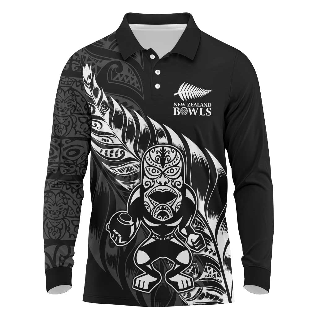 New Zealand Lawn Bowls Custom Long Sleeve Polo Shirt Black Maori Warrior Tribal Silver Fern - Polynesian Pride