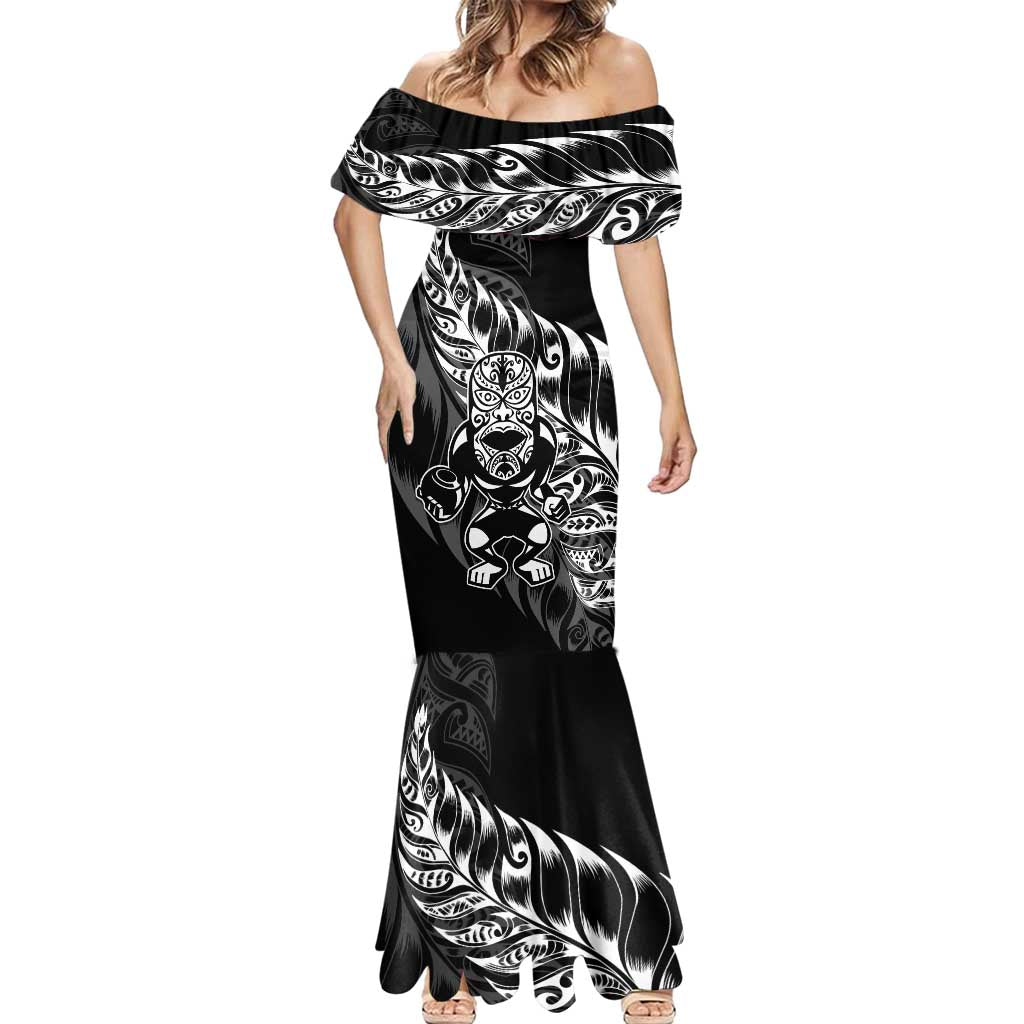 New Zealand Lawn Bowls Custom Mermaid Dress Black Maori Warrior Tribal Silver Fern - Polynesian Pride