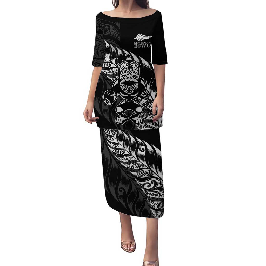 New Zealand Lawn Bowls Custom Puletasi Black Maori Warrior Tribal Silver Fern - Polynesian Pride