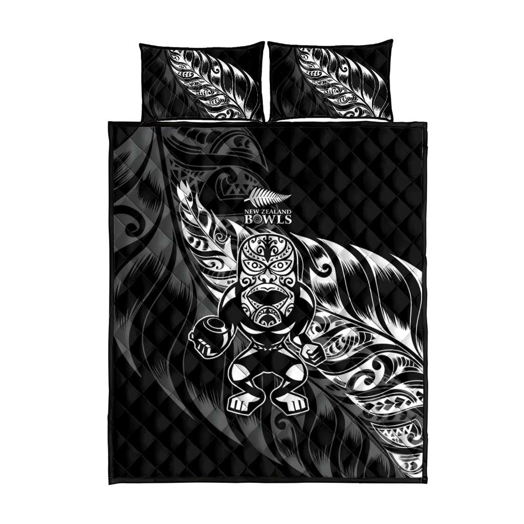 New Zealand Lawn Bowls Quilt Bed Set Black Maori Warrior Tribal Silver Fern - Polynesian Pride