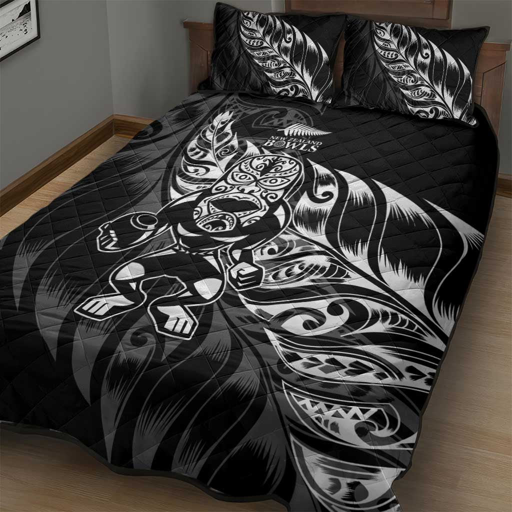 New Zealand Lawn Bowls Quilt Bed Set Black Maori Warrior Tribal Silver Fern - Polynesian Pride