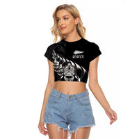 New Zealand Lawn Bowls Custom Raglan Cropped T Shirt Black Maori Warrior Tribal Silver Fern - Polynesian Pride