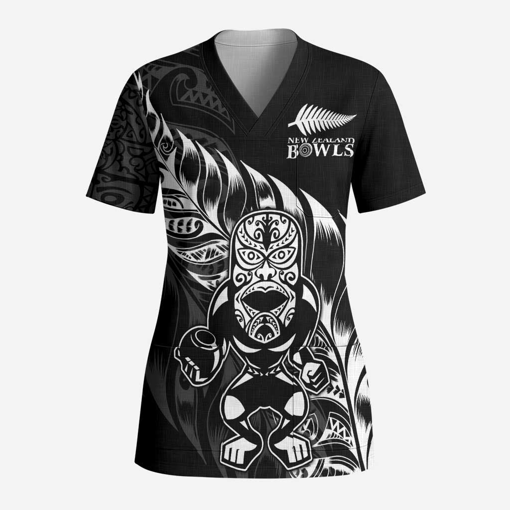 New Zealand Lawn Bowls Custom Scrub Top Black Maori Warrior Tribal Silver Fern - Polynesian Pride