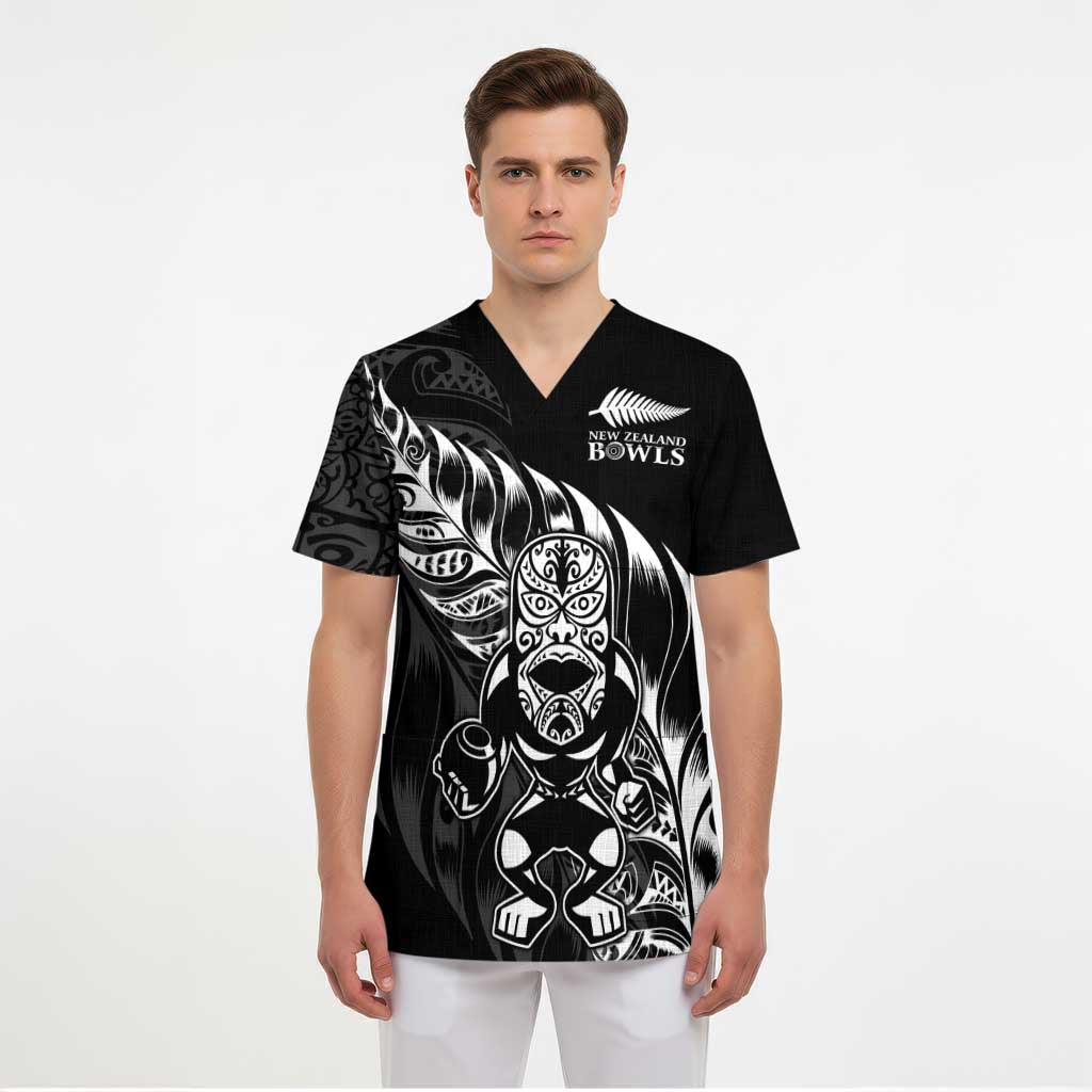 New Zealand Lawn Bowls Custom Scrub Top Black Maori Warrior Tribal Silver Fern - Polynesian Pride