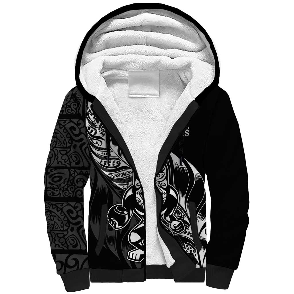 New Zealand Lawn Bowls Custom Sherpa Hoodie Black Maori Warrior Tribal Silver Fern - Polynesian Pride