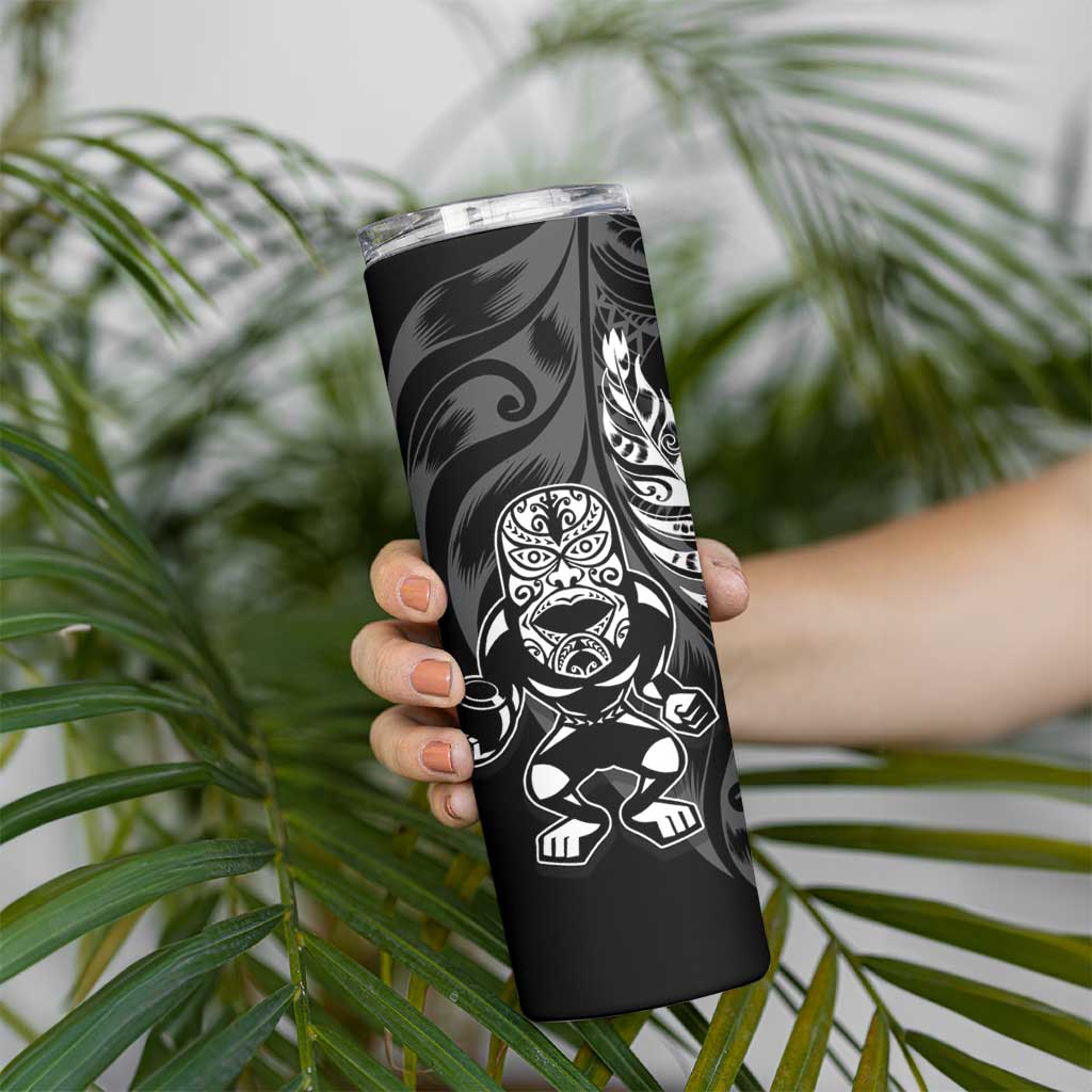 New Zealand Lawn Bowls Custom Skinny Tumbler Black Maori Warrior Tribal Silver Fern - Polynesian Pride