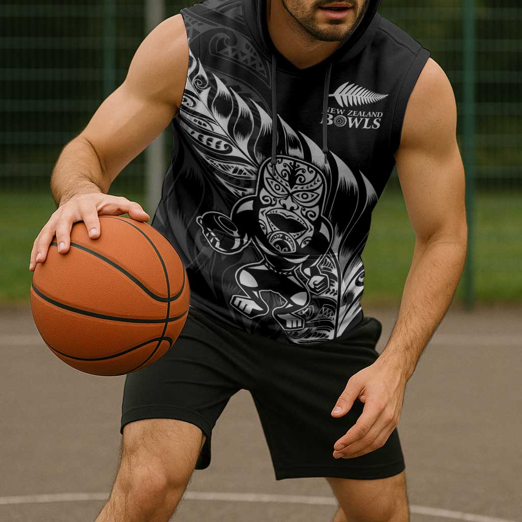 New Zealand Lawn Bowls Custom Sleeveless Hoodie Black Maori Warrior Tribal Silver Fern - Polynesian Pride