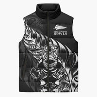 New Zealand Lawn Bowls Custom Sleeveless Puffer Jacket Black Maori Warrior Tribal Silver Fern - Polynesian Pride