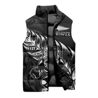 New Zealand Lawn Bowls Custom Sleeveless Puffer Jacket Black Maori Warrior Tribal Silver Fern - Polynesian Pride