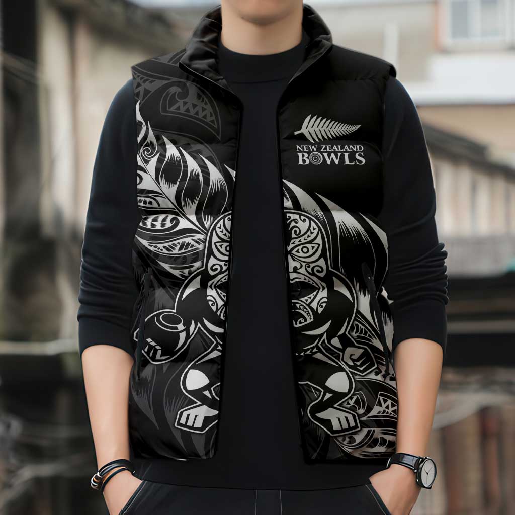 New Zealand Lawn Bowls Custom Sleeveless Puffer Jacket Black Maori Warrior Tribal Silver Fern - Polynesian Pride