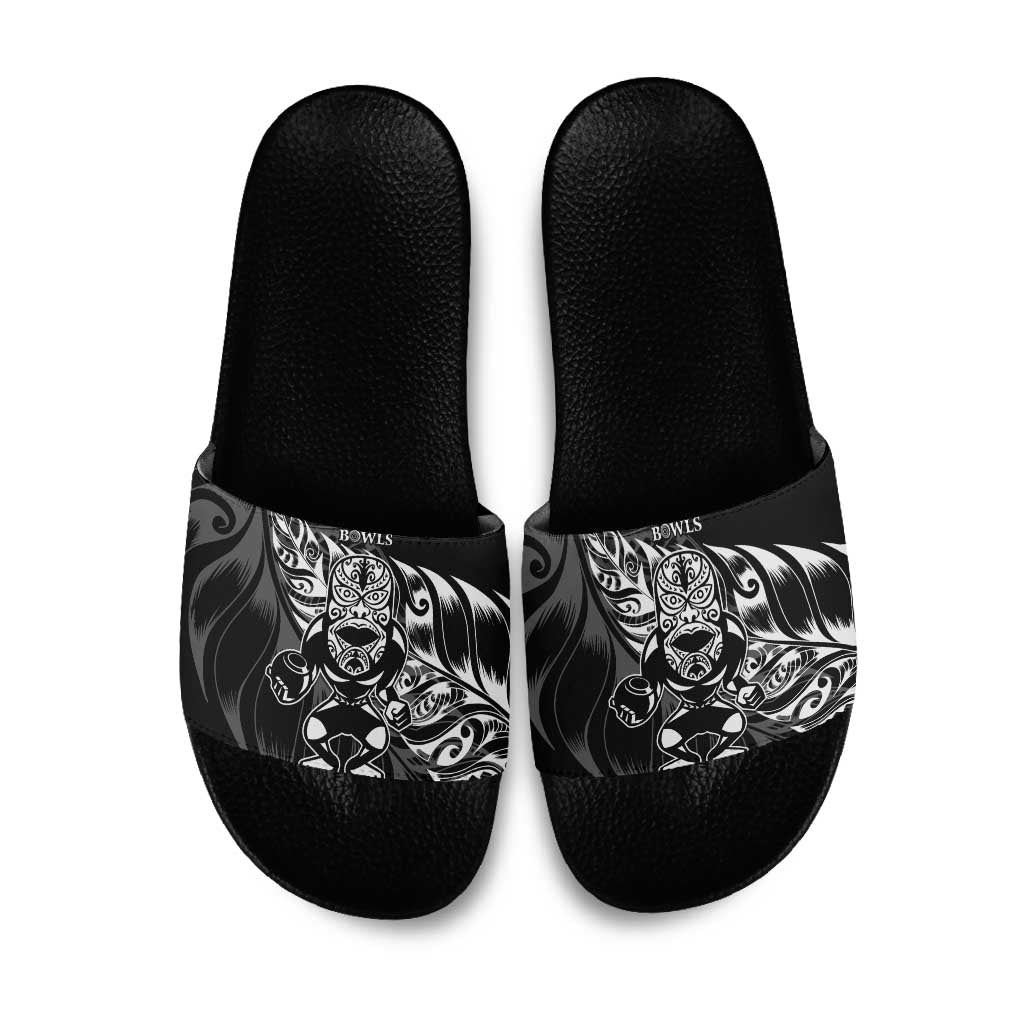 New Zealand Lawn Bowls Slide Sandals Black Maori Warrior Tribal Silver Fern - Polynesian Pride