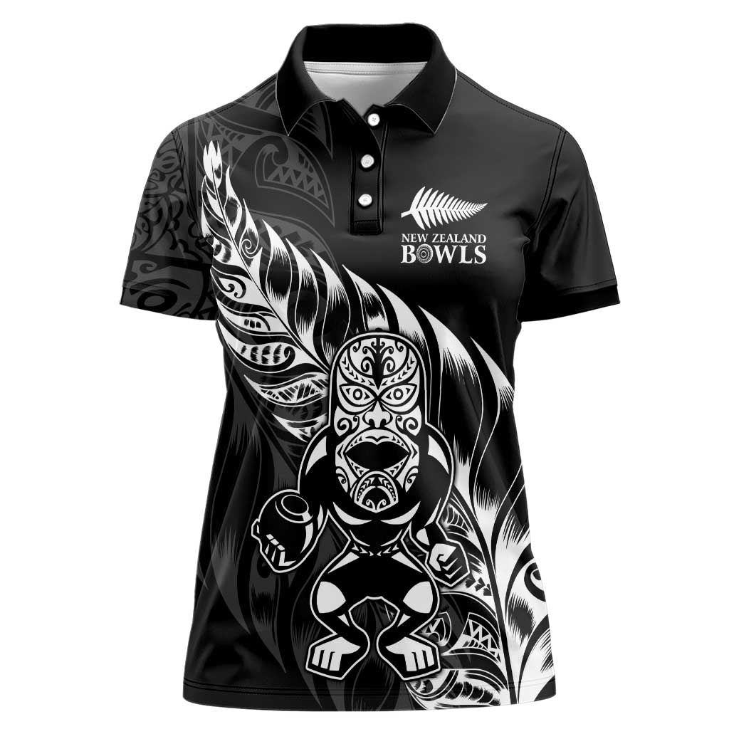 New Zealand Lawn Bowls Custom Women Polo Shirt Black Maori Warrior Tribal Silver Fern - Polynesian Pride