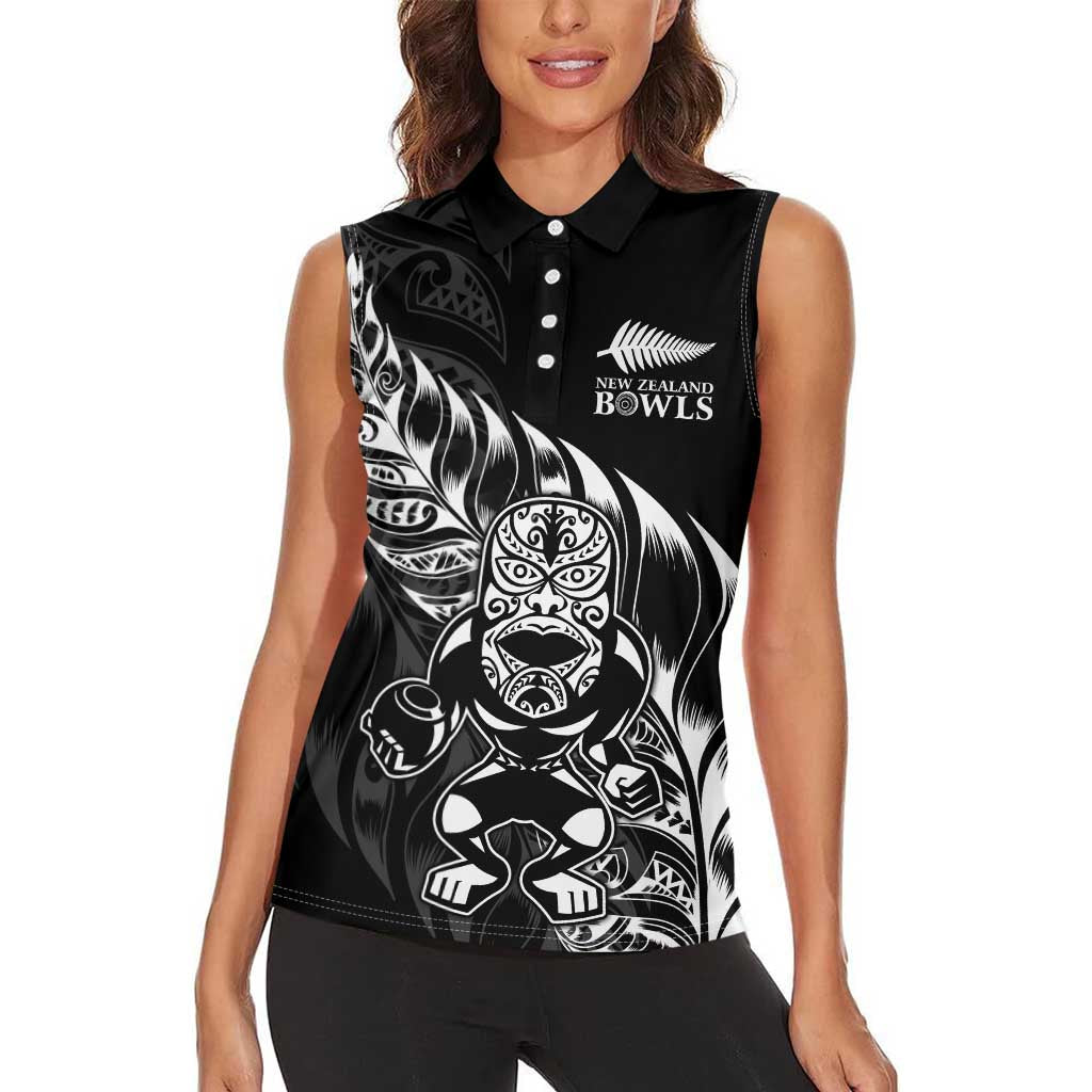 New Zealand Lawn Bowls Custom Women Sleeveless Polo Shirt Black Maori Warrior Tribal Silver Fern - Polynesian Pride