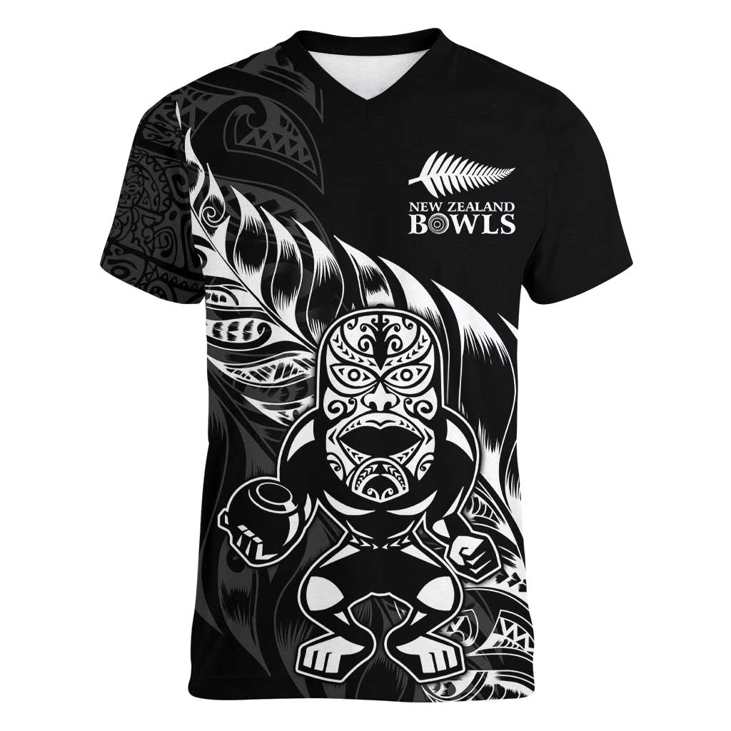 New Zealand Lawn Bowls Custom Women V-Neck T-Shirt Black Maori Warrior Tribal Silver Fern - Polynesian Pride