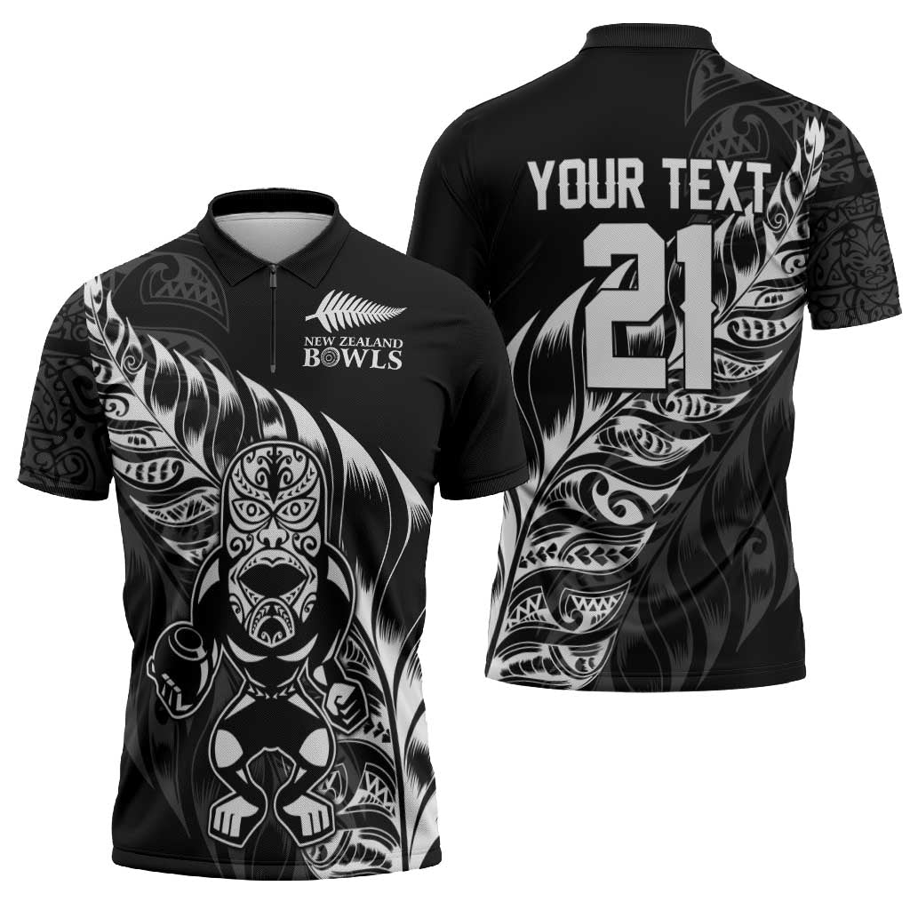 New Zealand Lawn Bowls Custom Zipper Polo Shirt Black Maori Warrior Tribal Silver Fern - Polynesian Pride