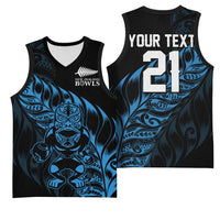 New Zealand Lawn Bowls Custom Basketball Jersey Blue Maori Warrior Tribal Silver Fern - Polynesian Pride