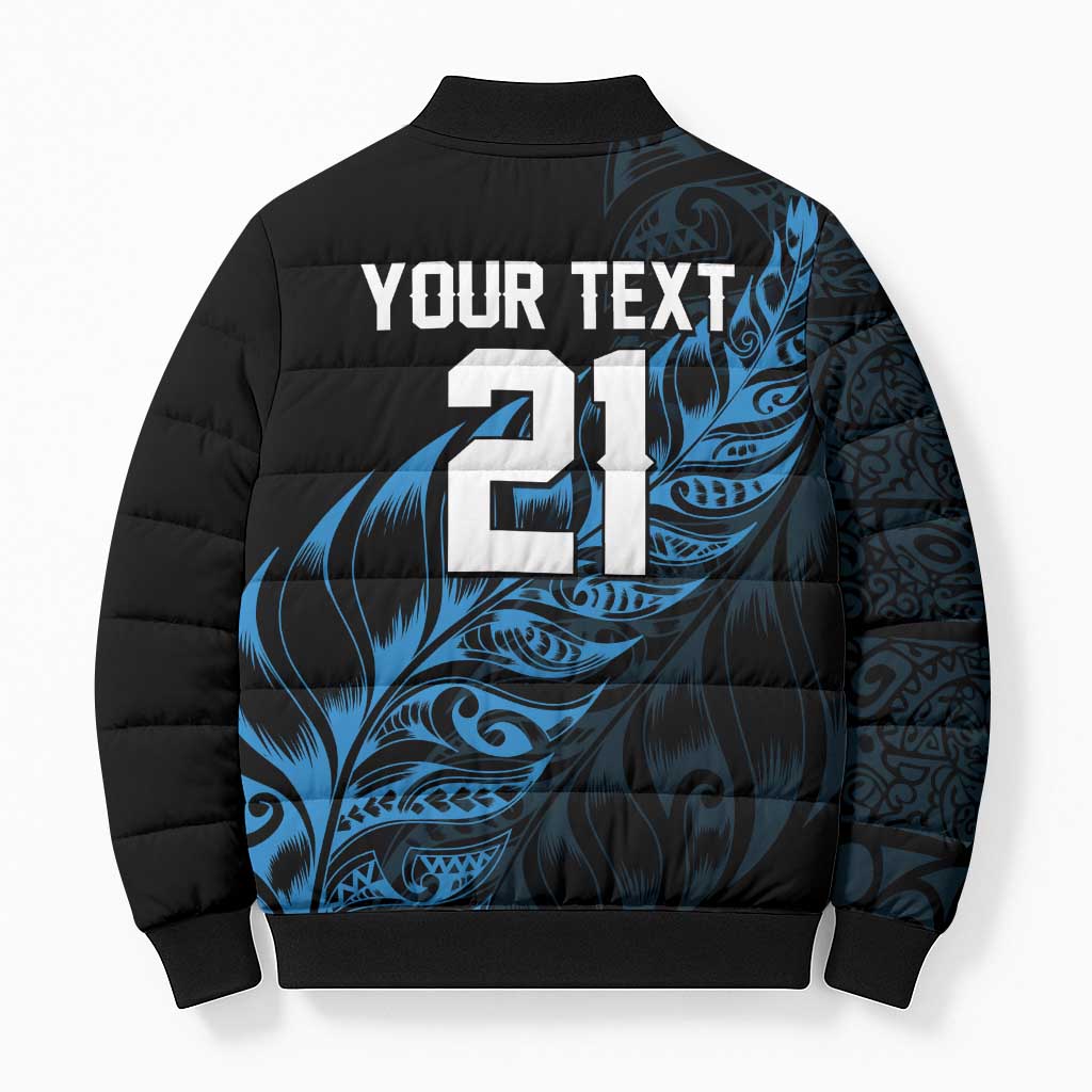 New Zealand Lawn Bowls Custom Bomber Puffer Jacket Blue Maori Warrior Tribal Silver Fern - Polynesian Pride
