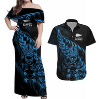 New Zealand Lawn Bowls Custom Couples Matching Off Shoulder Maxi Dress and Hawaiian Shirt Blue Maori Warrior Tribal Silver Fern - Polynesian Pride