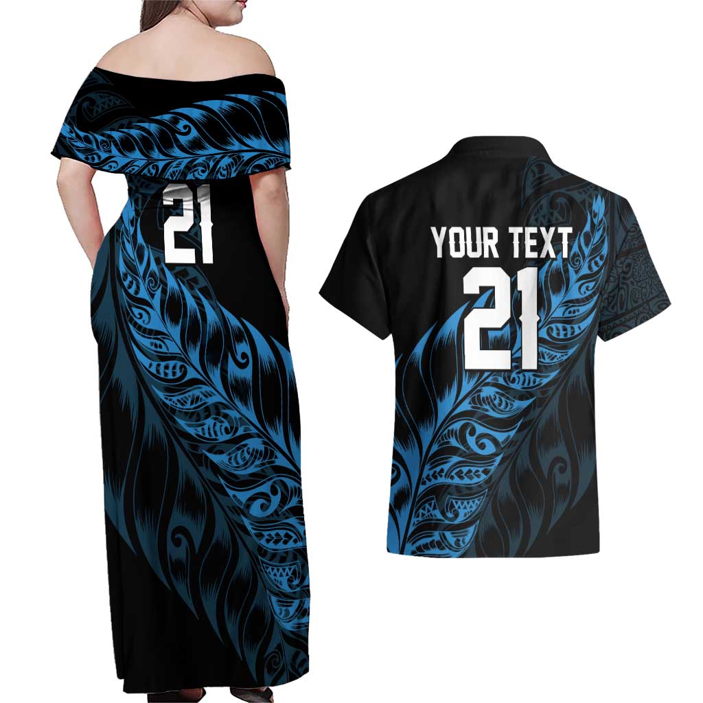 New Zealand Lawn Bowls Custom Couples Matching Off Shoulder Maxi Dress and Hawaiian Shirt Blue Maori Warrior Tribal Silver Fern - Polynesian Pride