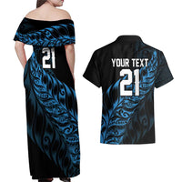 New Zealand Lawn Bowls Custom Couples Matching Off Shoulder Maxi Dress and Hawaiian Shirt Blue Maori Warrior Tribal Silver Fern - Polynesian Pride