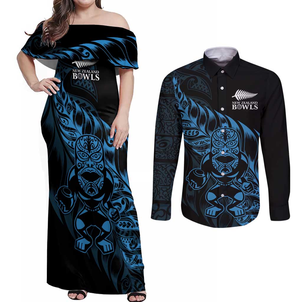 New Zealand Lawn Bowls Custom Couples Matching Off Shoulder Maxi Dress and Long Sleeve Button Shirt Blue Maori Warrior Tribal Silver Fern - Polynesian Pride