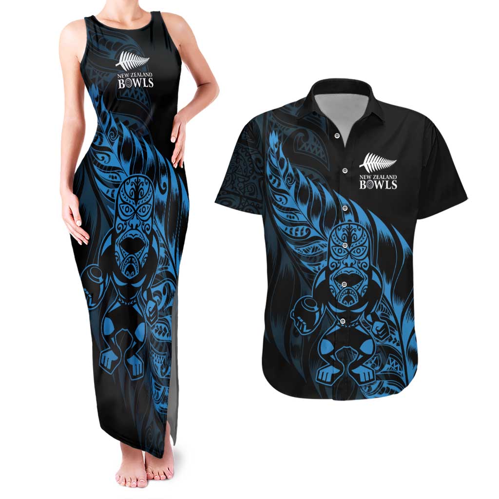 New Zealand Lawn Bowls Custom Couples Matching Tank Maxi Dress and Hawaiian Shirt Blue Maori Warrior Tribal Silver Fern - Polynesian Pride