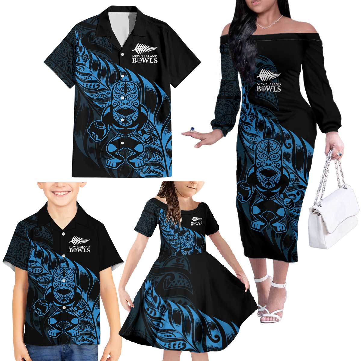 New Zealand Lawn Bowls Custom Family Matching Off The Shoulder Long Sleeve Dress and Hawaiian Shirt Blue Maori Warrior Tribal Silver Fern - Polynesian Pride