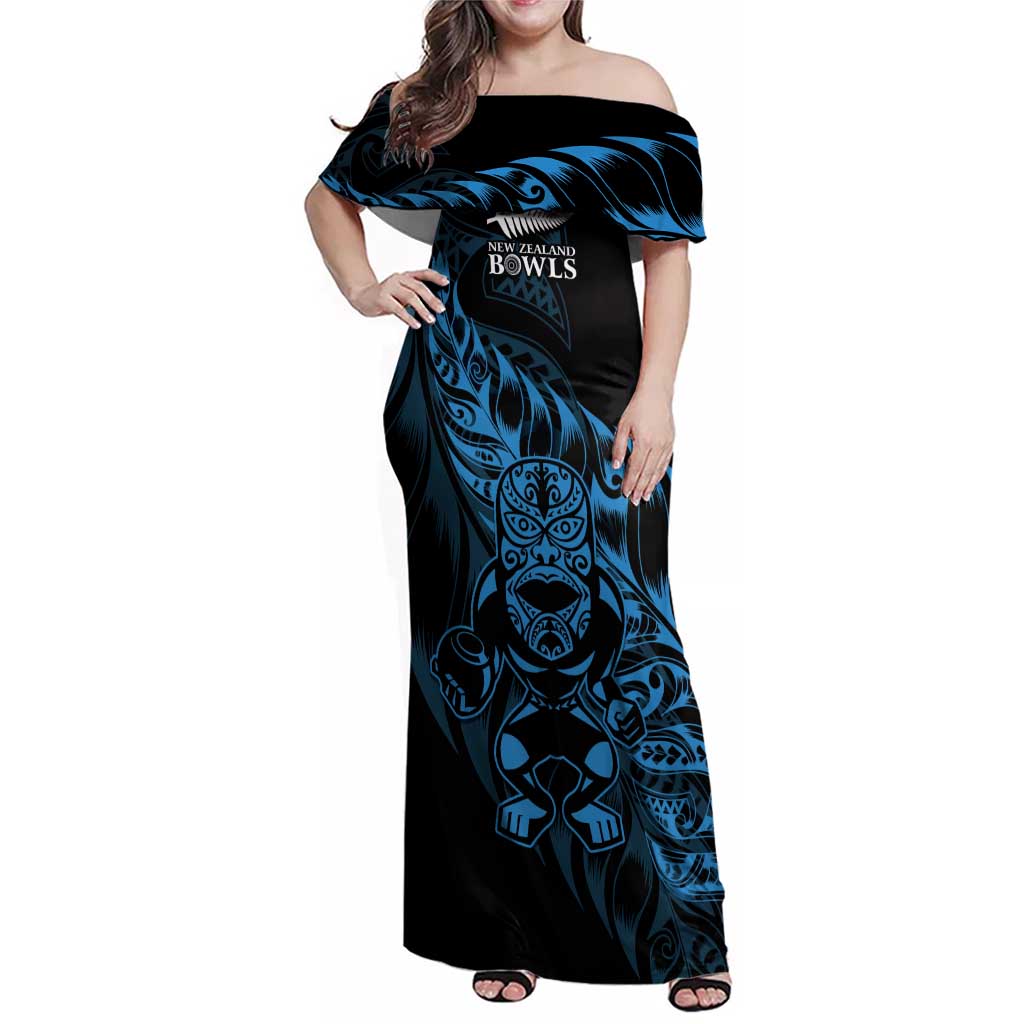 New Zealand Lawn Bowls Custom Family Matching Off Shoulder Maxi Dress and Hawaiian Shirt Blue Maori Warrior Tribal Silver Fern - Polynesian Pride