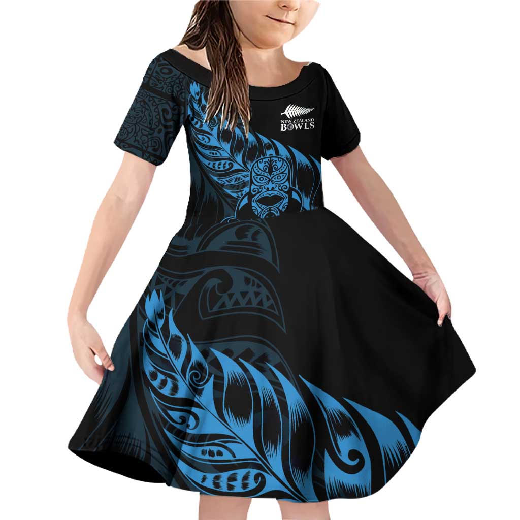 New Zealand Lawn Bowls Custom Family Matching Off Shoulder Short Dress and Hawaiian Shirt Blue Maori Warrior Tribal Silver Fern - Polynesian Pride