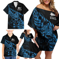 New Zealand Lawn Bowls Custom Family Matching Off Shoulder Short Dress and Hawaiian Shirt Blue Maori Warrior Tribal Silver Fern - Polynesian Pride