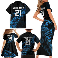 New Zealand Lawn Bowls Custom Family Matching Short Sleeve Bodycon Dress and Hawaiian Shirt Blue Maori Warrior Tribal Silver Fern - Polynesian Pride