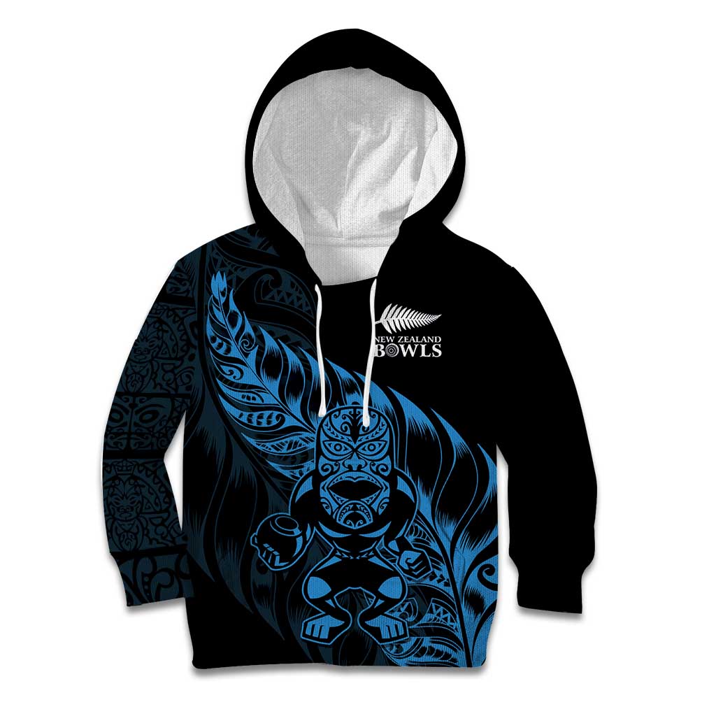 New Zealand Lawn Bowls Custom Kid Hoodie Blue Maori Warrior Tribal Silver Fern - Polynesian Pride