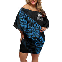 New Zealand Lawn Bowls Custom Off Shoulder Short Dress Blue Maori Warrior Tribal Silver Fern - Polynesian Pride