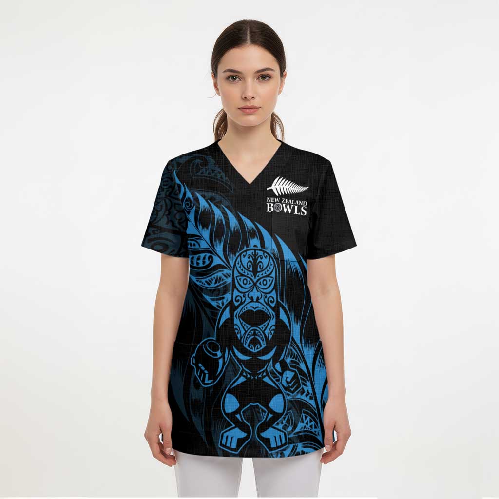 New Zealand Lawn Bowls Custom Scrub Top Blue Maori Warrior Tribal Silver Fern - Polynesian Pride