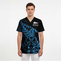 New Zealand Lawn Bowls Custom Scrub Top Blue Maori Warrior Tribal Silver Fern - Polynesian Pride
