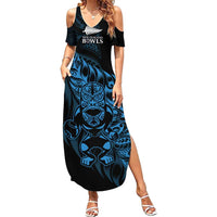 New Zealand Lawn Bowls Custom Summer Maxi Dress Blue Maori Warrior Tribal Silver Fern - Polynesian Pride