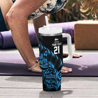 New Zealand Lawn Bowls Custom Tumbler With Handle Blue Maori Warrior Tribal Silver Fern - Polynesian Pride