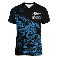New Zealand Lawn Bowls Custom Women V-Neck T-Shirt Blue Maori Warrior Tribal Silver Fern - Polynesian Pride