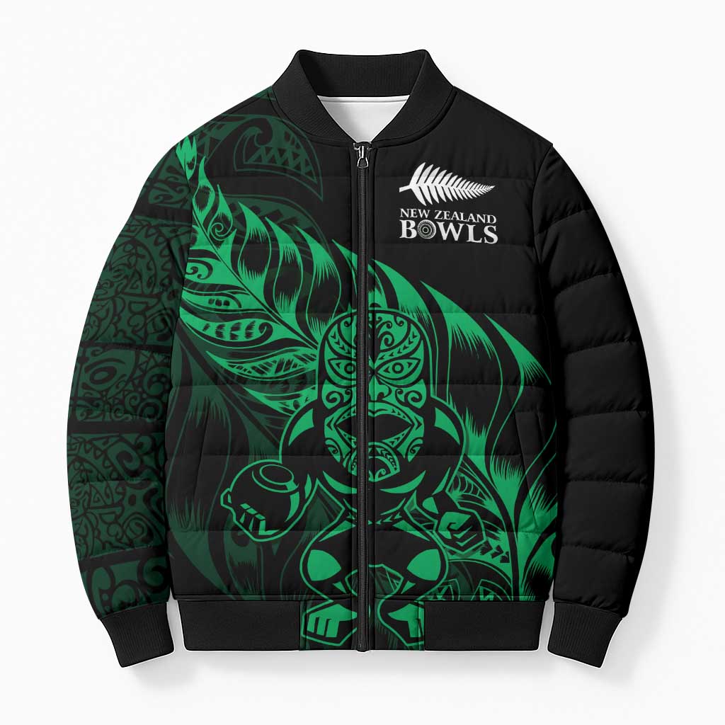 New Zealand Lawn Bowls Custom Bomber Puffer Jacket Green Maori Warrior Tribal Silver Fern - Polynesian Pride