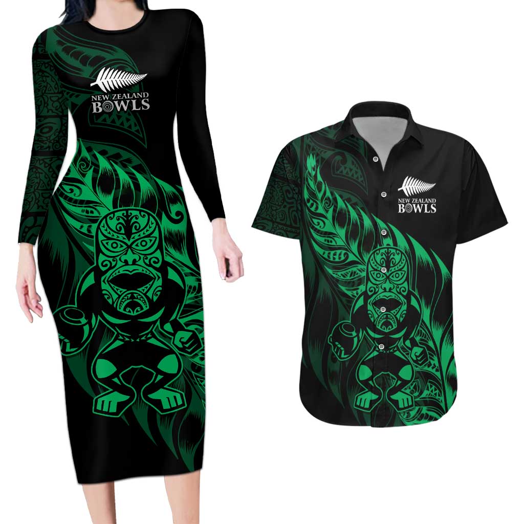 New Zealand Lawn Bowls Custom Couples Matching Long Sleeve Bodycon Dress and Hawaiian Shirt Green Maori Warrior Tribal Silver Fern - Polynesian Pride