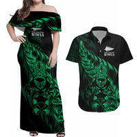 New Zealand Lawn Bowls Custom Couples Matching Off Shoulder Maxi Dress and Hawaiian Shirt Green Maori Warrior Tribal Silver Fern - Polynesian Pride