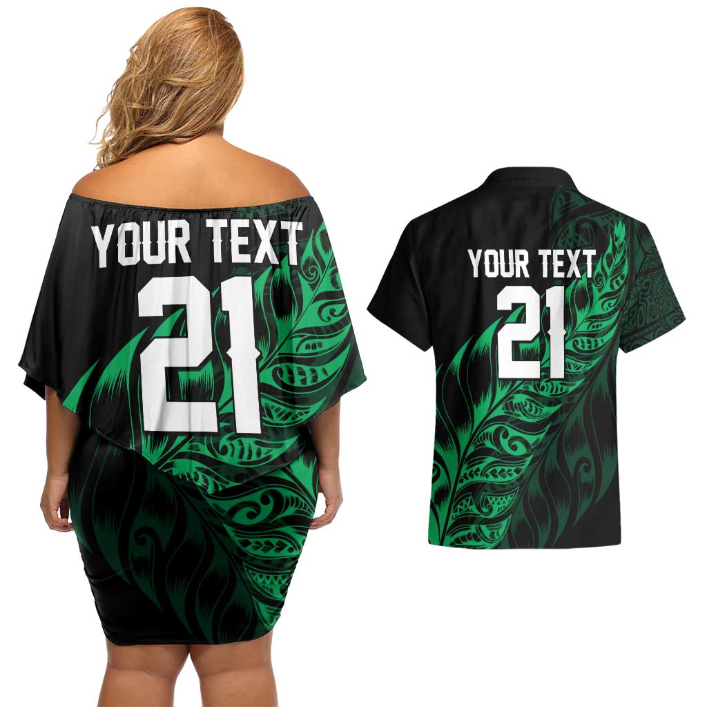New Zealand Lawn Bowls Custom Couples Matching Off Shoulder Short Dress and Hawaiian Shirt Green Maori Warrior Tribal Silver Fern - Polynesian Pride